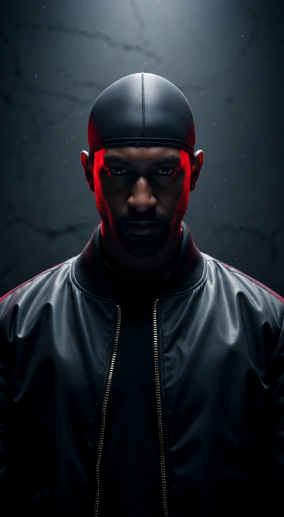 Supplied creative portrait: a performer in dark clothing under overhead light